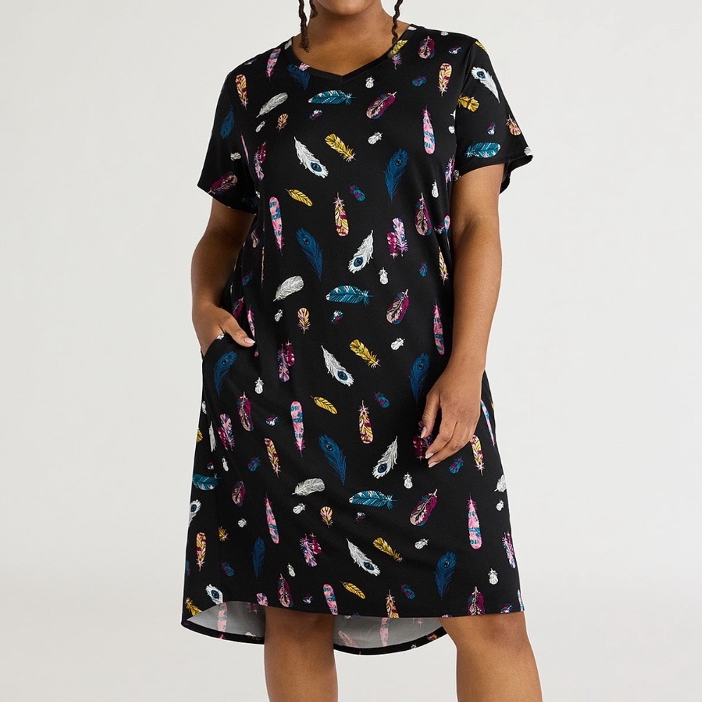 Joyspun Short Sleeve Knit Midi Chemise Feather Print Nightgown Sz 2X